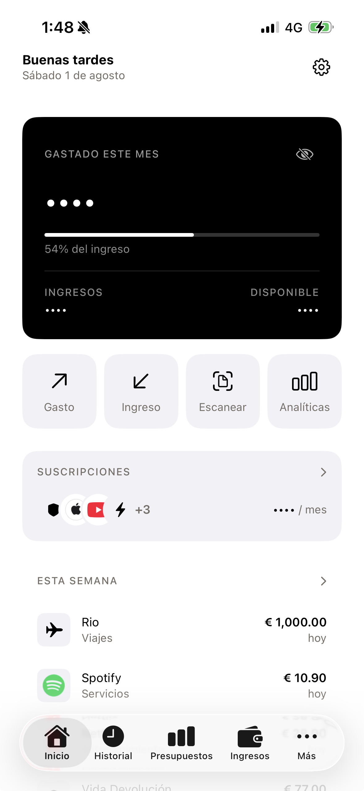 zunna dashboard — monthly spending, quick actions and recent expenses