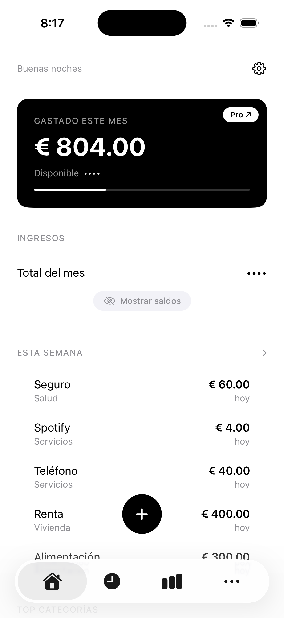 zunna dashboard — monthly spending, income and recent expenses