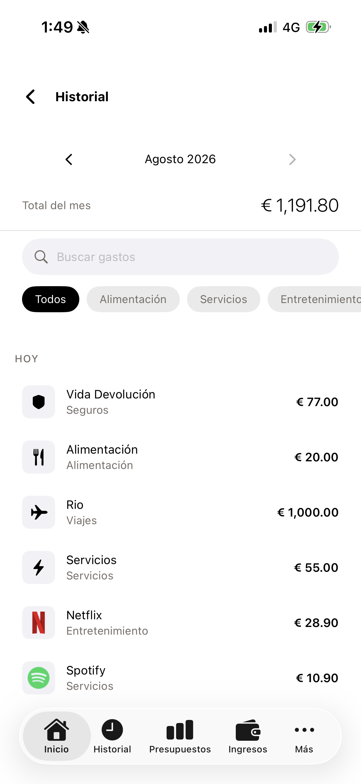 zunna history — searchable monthly expense list by category