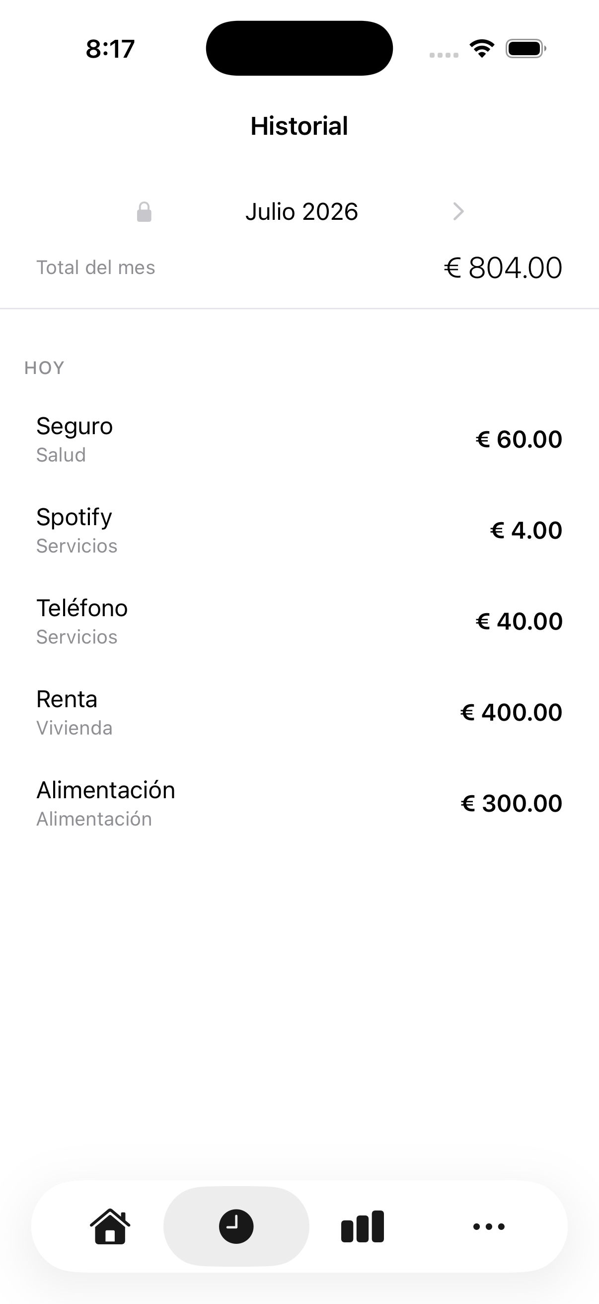 zunna history — monthly expense list